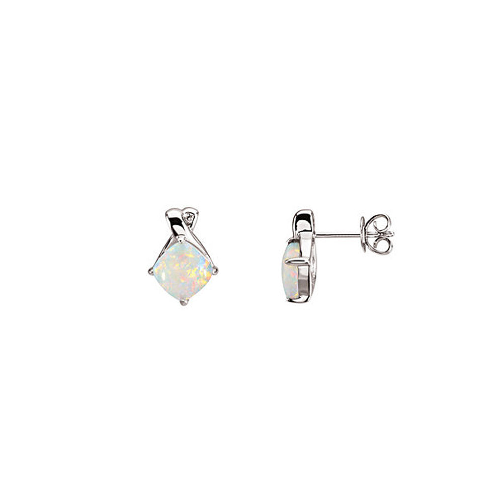Cushion Cabochon Opal & Diamond Post Earrings in 14k White Gold, Item E11740 by The Black Bow Jewelry Co.