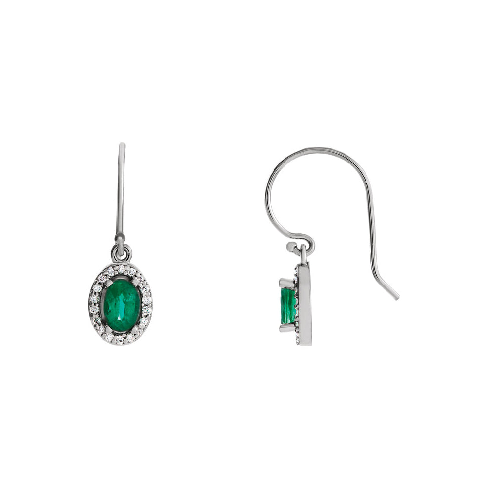 Oval Emerald & Diamond Halo Dangle Earrings in 14k White Gold, Item E11746 by The Black Bow Jewelry Co.