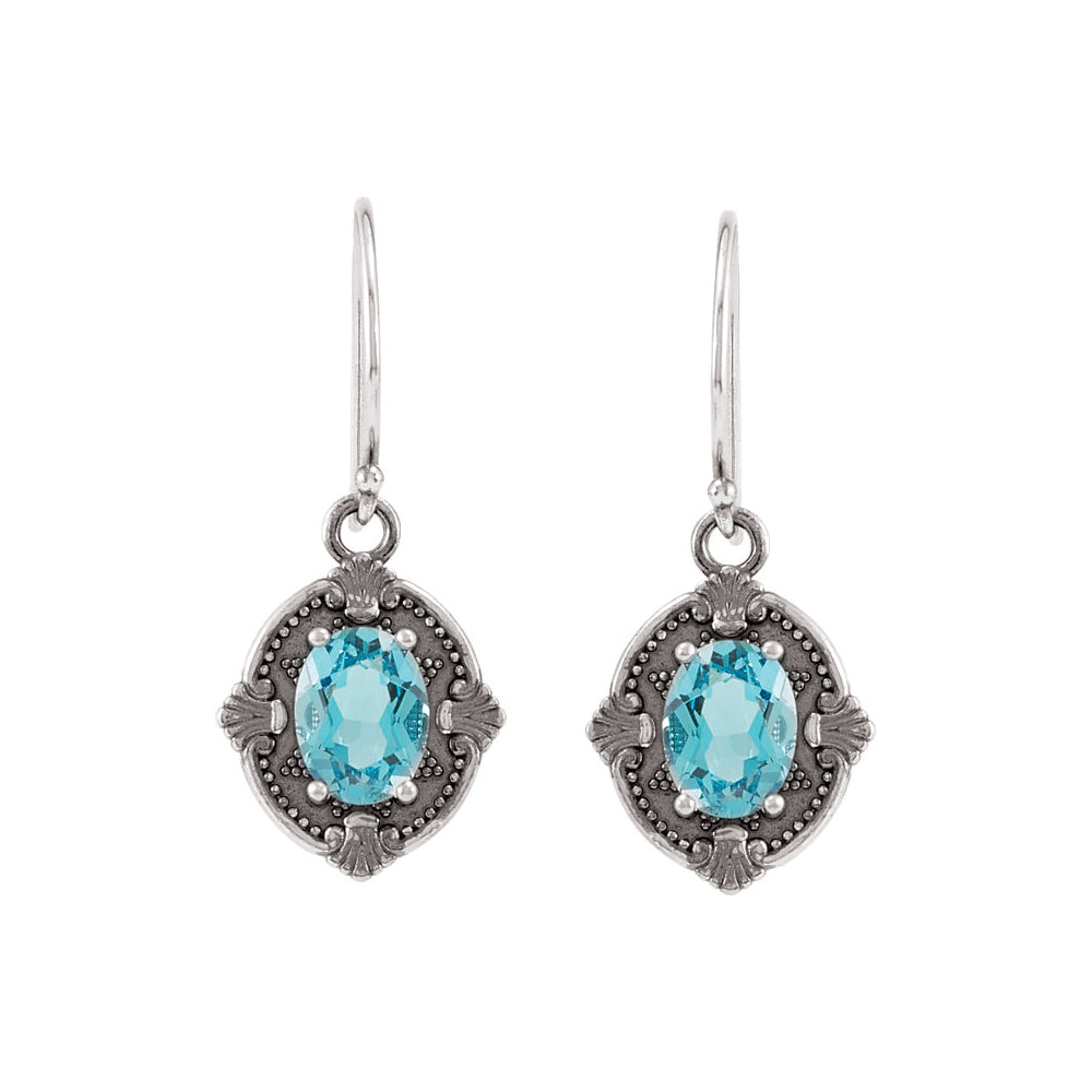 Sterling Silver Victorian Style Swiss Blue Topaz Dangle Earrings, Item E11747 by The Black Bow Jewelry Co.