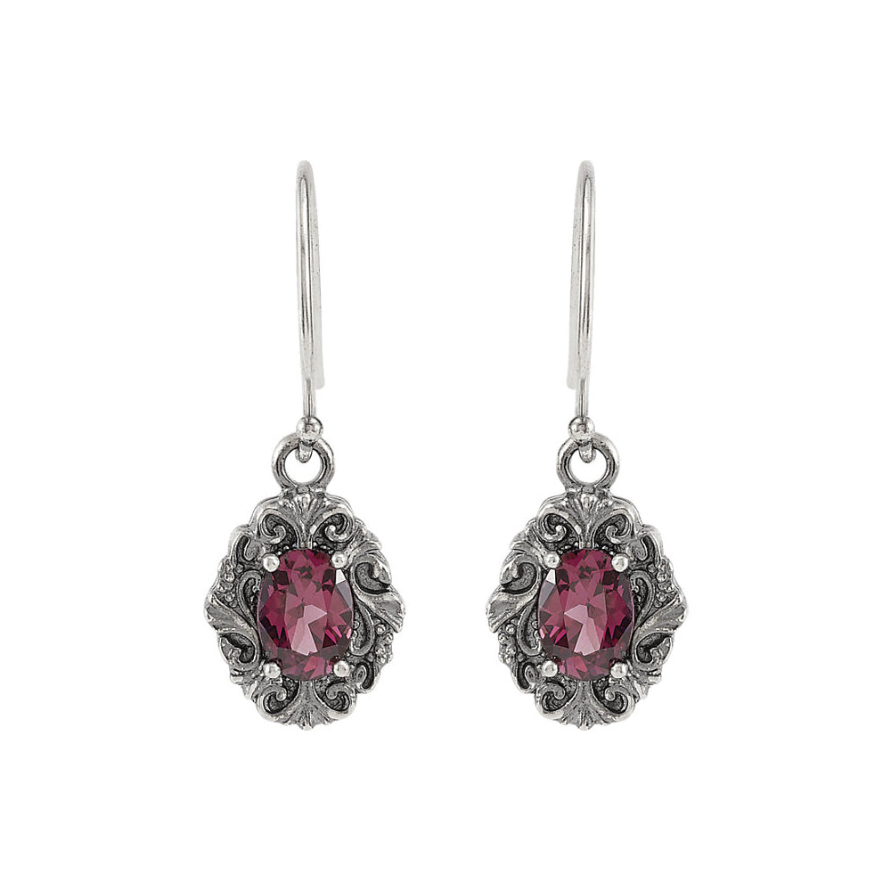 Sterling Silver Victorian Style Rhodolite Garnet Dangle Earrings, Item E11748 by The Black Bow Jewelry Co.