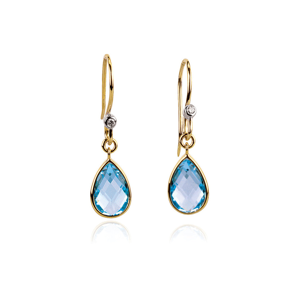 Swiss Blue Topaz Teardrop & Diamond Dangle Earrings in 14k Yellow Gold, Item E11761 by The Black Bow Jewelry Co.