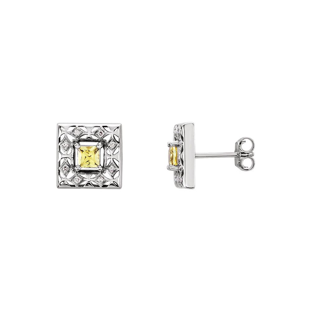 Canary Yellow Sapphire & Diamond 14k White Gold Square Post Earrings, Item E11765 by The Black Bow Jewelry Co.