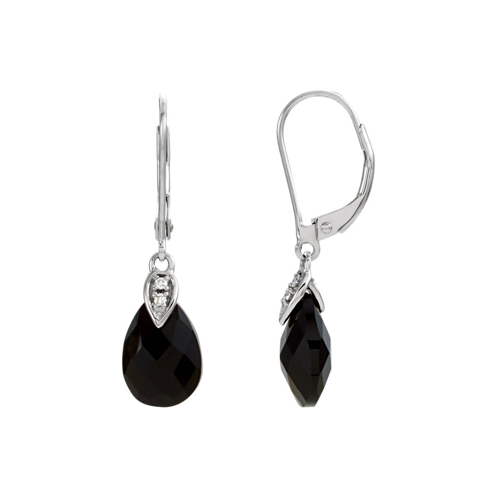 Black Onyx Briolette & Diamond Lever Back Earrings in 14k White Gold, Item E11768 by The Black Bow Jewelry Co.