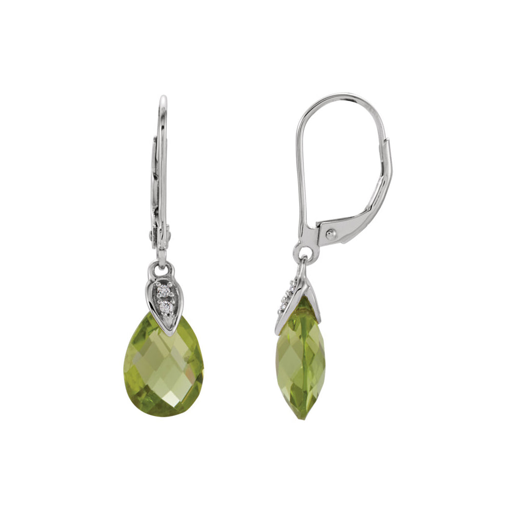 Alternate view of the Peridot Briolette & Diamond Lever Back Earrings in 14k White Gold by The Black Bow Jewelry Co.