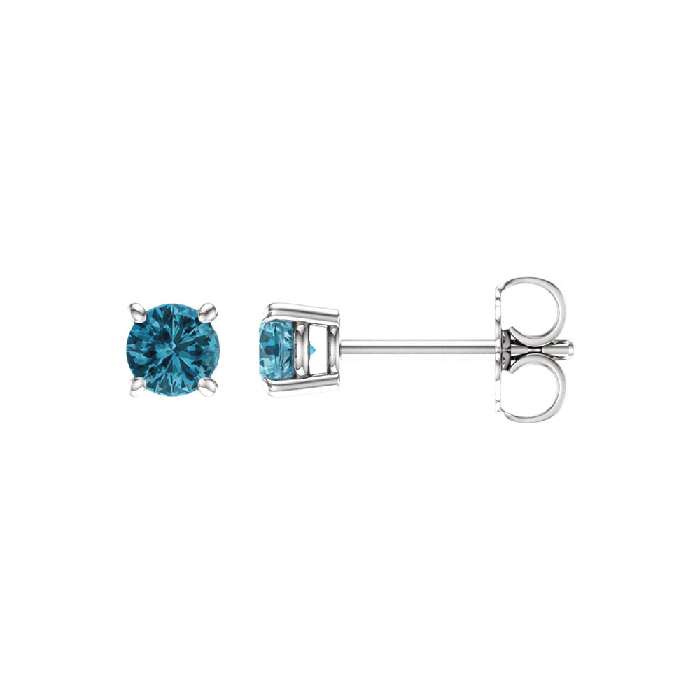 4mm Round Blue Zircon Stud Earrings in 14k White Gold, Item E11818 by The Black Bow Jewelry Co.