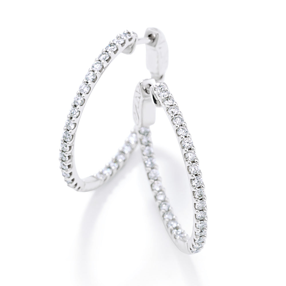 Alternate view of the 14k White Gold 19mm Inside Outside Diamond Hinged Round Hoop Earrings by The Black Bow Jewelry Co.