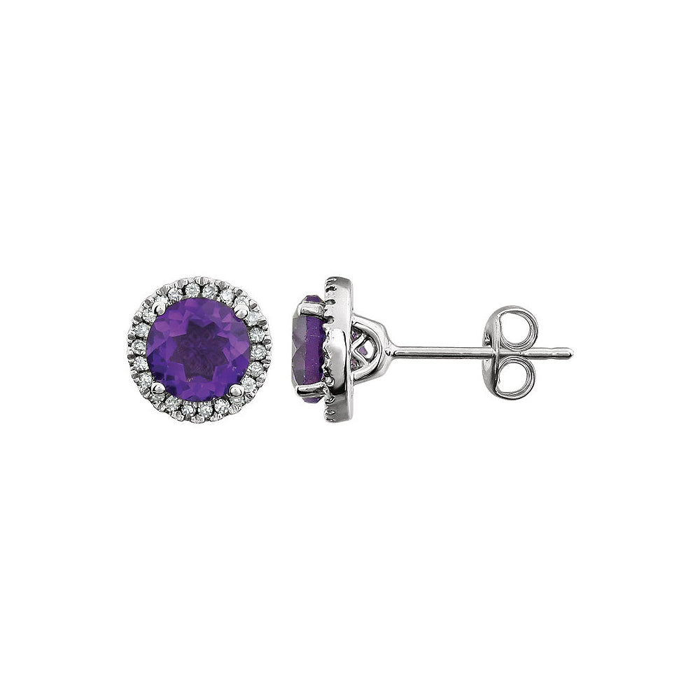8mm Halo Style Amethyst & Diamond Earrings in 14k White Gold, Item E11898 by The Black Bow Jewelry Co.