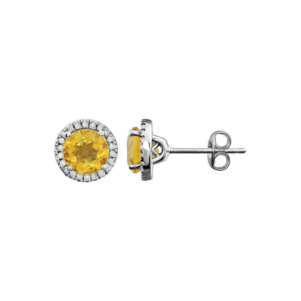 8mm Halo Style Citrine & Diamond Earrings in 14k White Gold, Item E11899 by The Black Bow Jewelry Co.