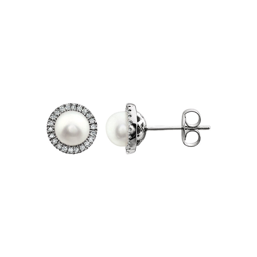 8mm Halo Style FW Cultured Pearl & Diamond Earrings in 14k White Gold, Item E11903 by The Black Bow Jewelry Co.