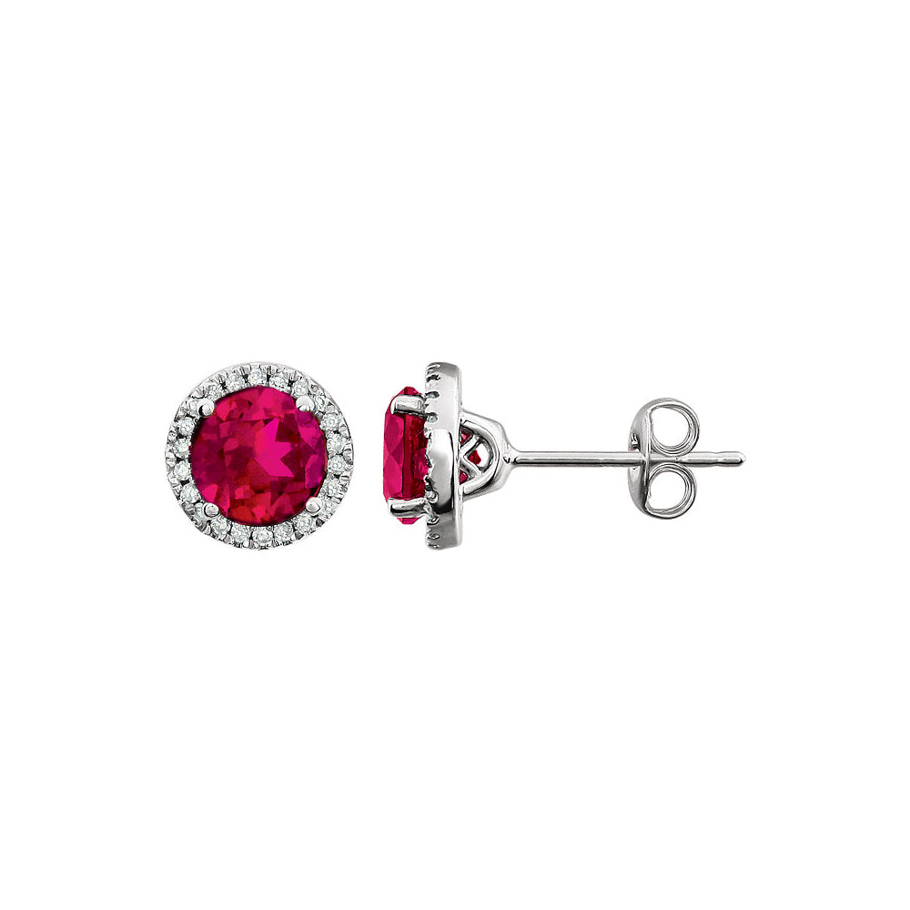 8mm Halo Style Created Ruby & Diamond Earrings in 14k White Gold, Item E11905 by The Black Bow Jewelry Co.
