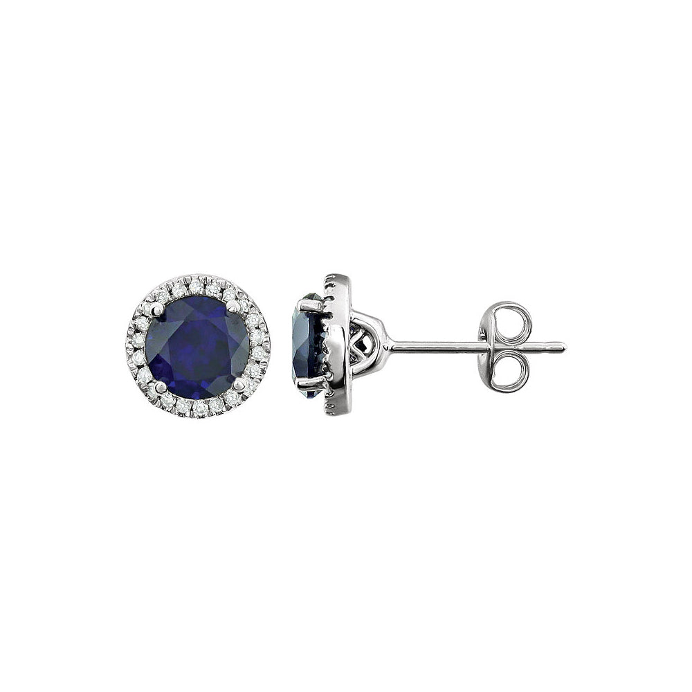 8mm Halo Style Created Sapphire & Diamond Earrings in 14k White Gold, Item E11906 by The Black Bow Jewelry Co.
