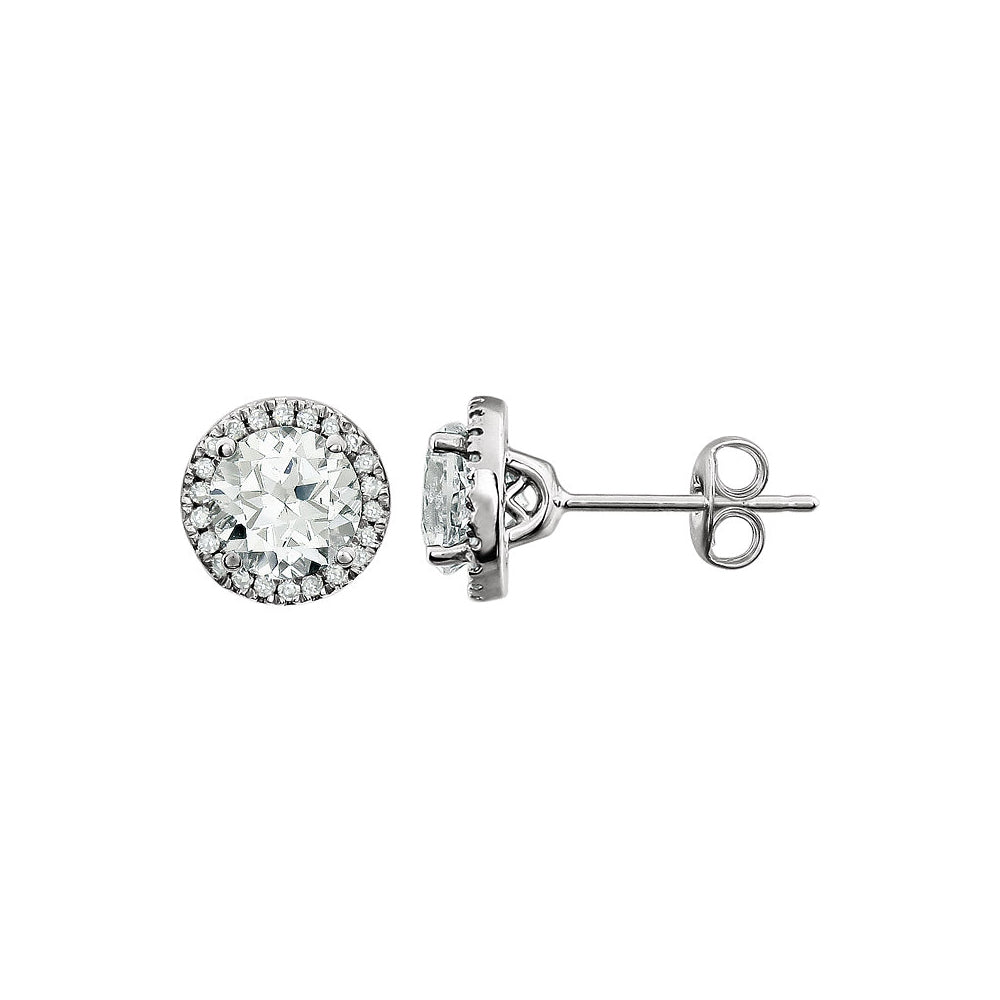 8mm Halo Created White Sapphire & Diamond Earrings in 14k White Gold, Item E11907 by The Black Bow Jewelry Co.