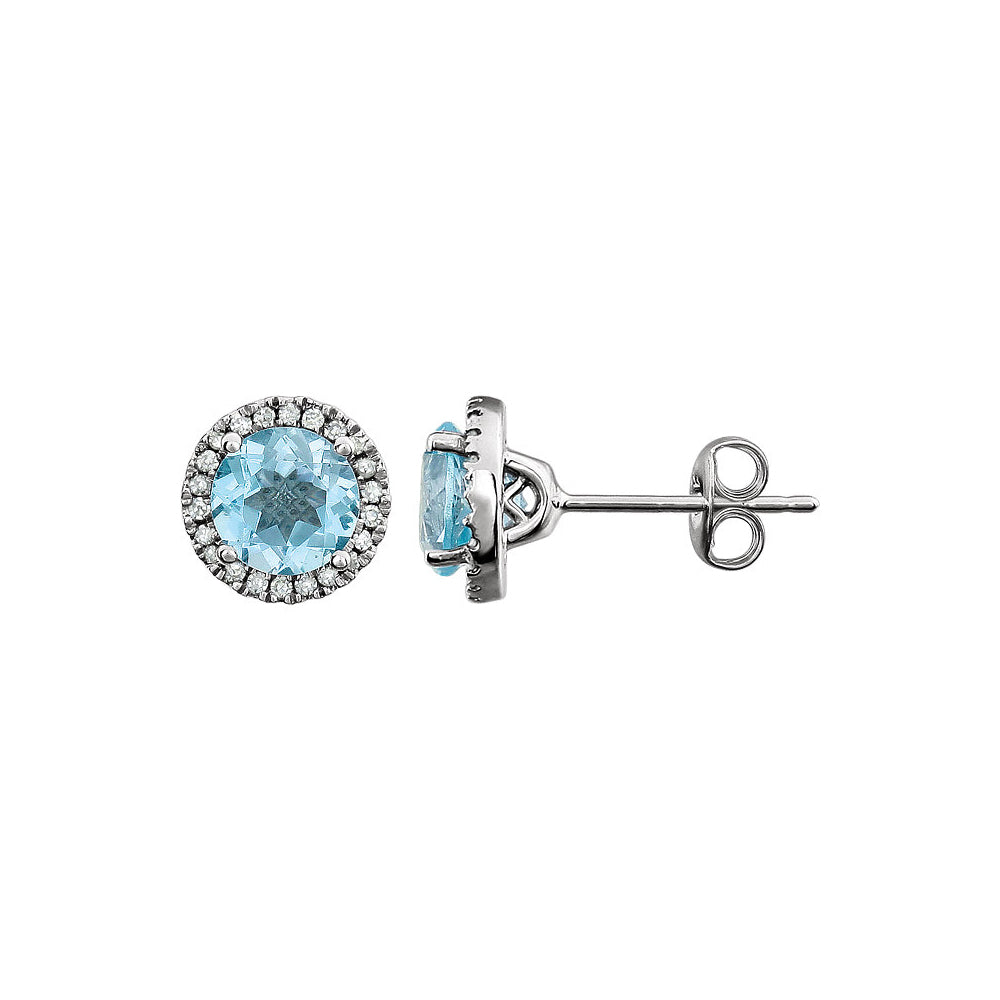 8mm Halo Style Sky Blue Topaz & Diamond Earrings in 14k White Gold, Item E11908 by The Black Bow Jewelry Co.