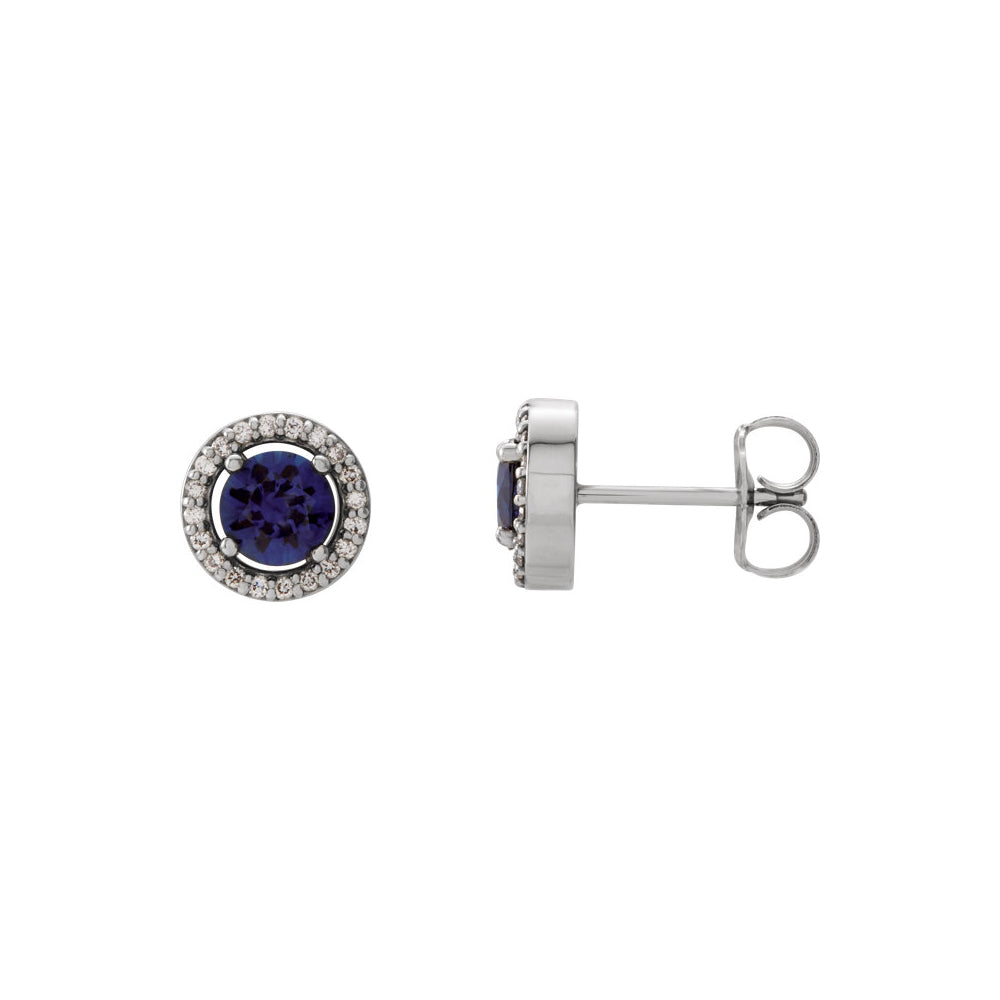 7.5mm Halo Style Blue Sapphire & Diamond Earrings in 14k White Gold, Item E11925 by The Black Bow Jewelry Co.