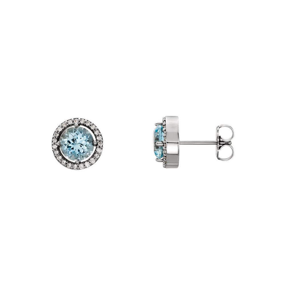 9mm Halo Style Aquamarine & Diamond Earrings in 14k White Gold, Item E11926 by The Black Bow Jewelry Co.
