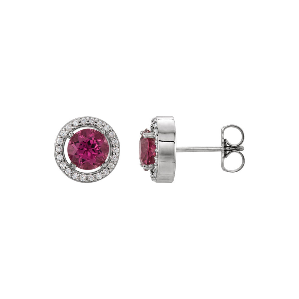 8mm Halo Style Pink Tourmaline & Diamond Earrings in 14k White Gold, Item E11927 by The Black Bow Jewelry Co.