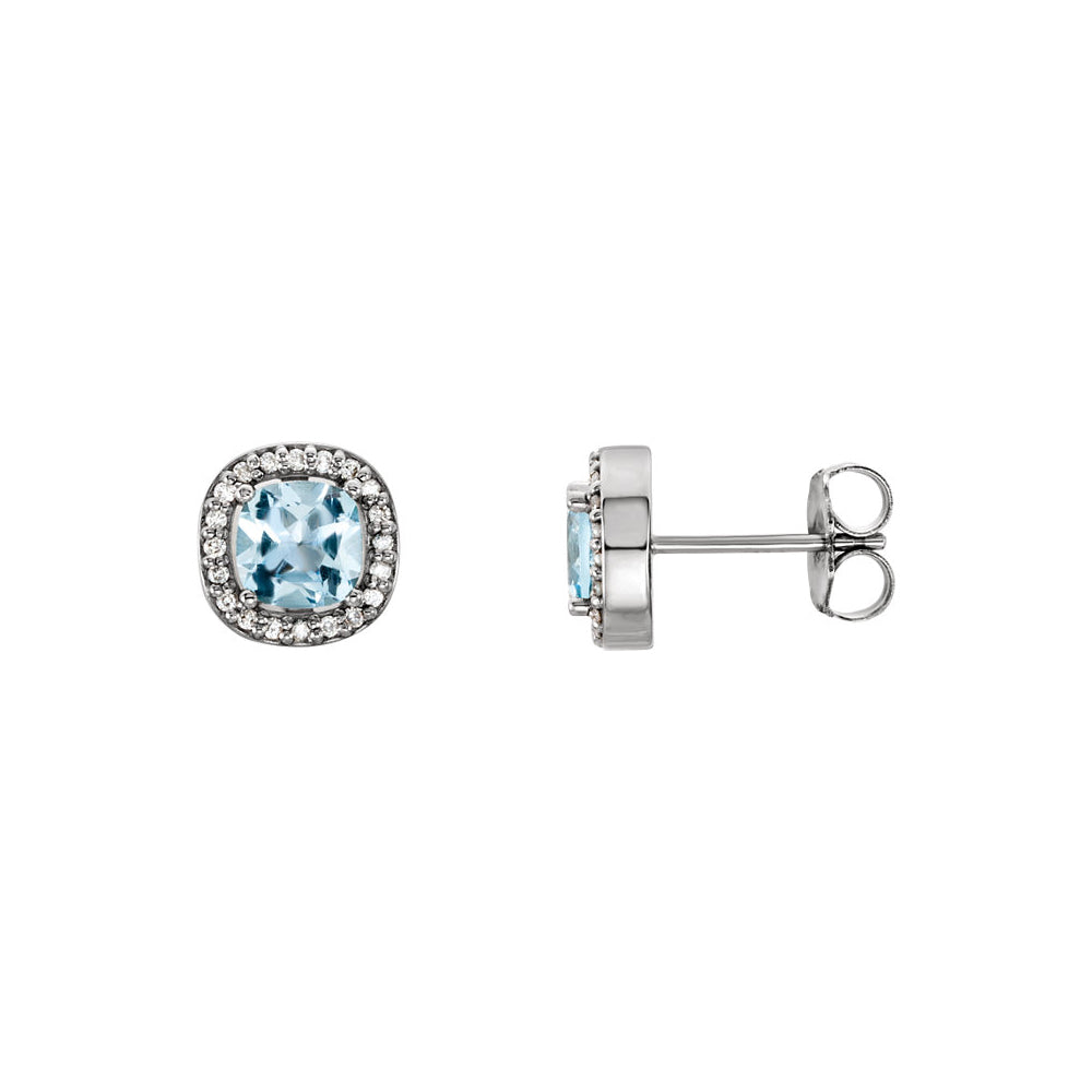Sky Blue Topaz & Diamond 8mm Square Halo Earrings in 14k White Gold, Item E11942 by The Black Bow Jewelry Co.
