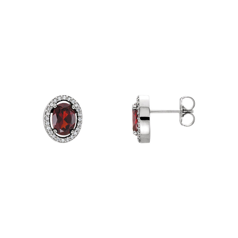Oval Mozambique Garnet & Diamond Halo Earrings in 14k White Gold, Item E11943 by The Black Bow Jewelry Co.