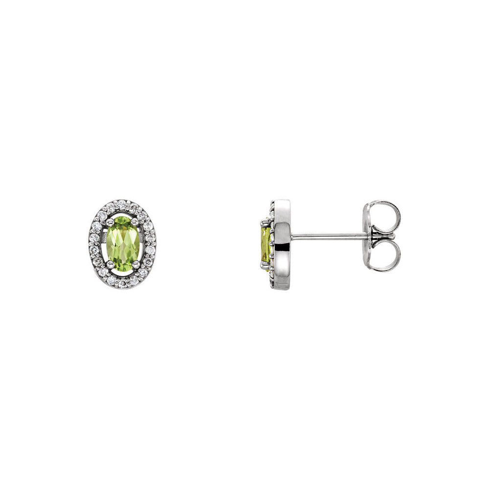 Oval Peridot & Diamond Halo Earrings in 14k White Gold, Item E11945 by The Black Bow Jewelry Co.