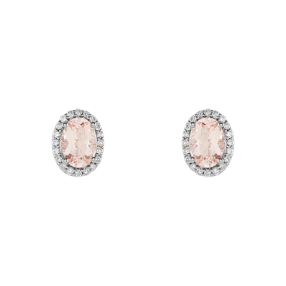 Oval Morganite & Diamond Halo Stud Earrings in 14k White Gold, Item E11949 by The Black Bow Jewelry Co.