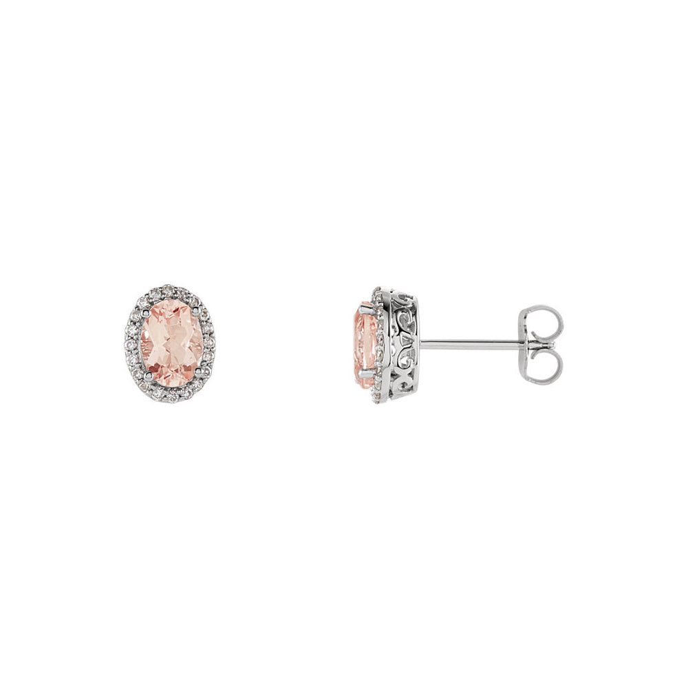 Alternate view of the Oval Morganite & Diamond Halo Stud Earrings in 14k White Gold by The Black Bow Jewelry Co.