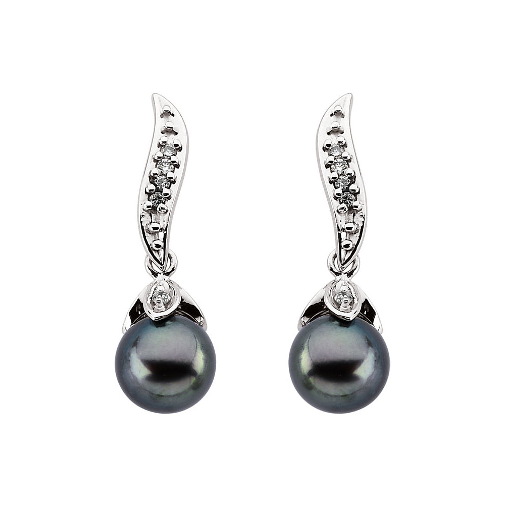Black Akoya Cultured Pearl & Diamond Dangle Earrings in 14k White Gold, Item E11960 by The Black Bow Jewelry Co.