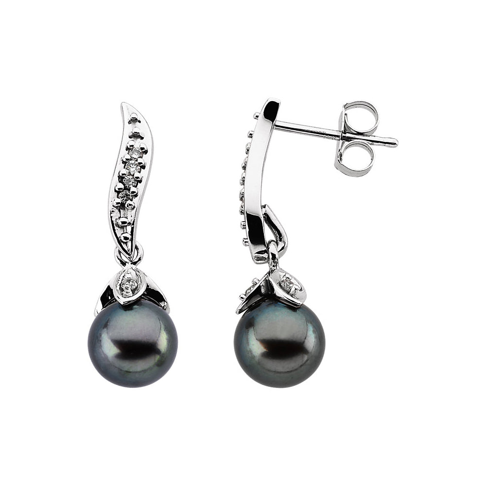 Alternate view of the Black Akoya Cultured Pearl & Diamond Dangle Earrings in 14k White Gold by The Black Bow Jewelry Co.