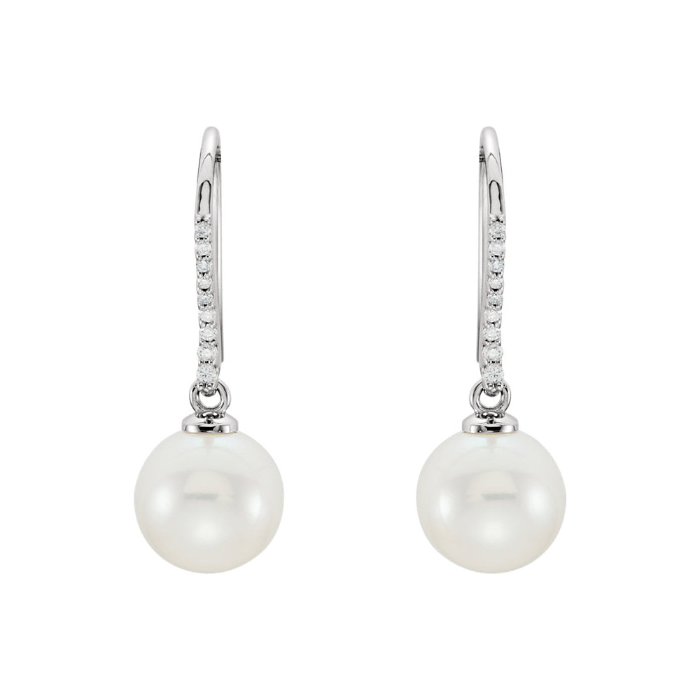 Alternate view of the Freshwater Cultured Pearl & Diamond Dangle Earrings in 14k White Gold by The Black Bow Jewelry Co.