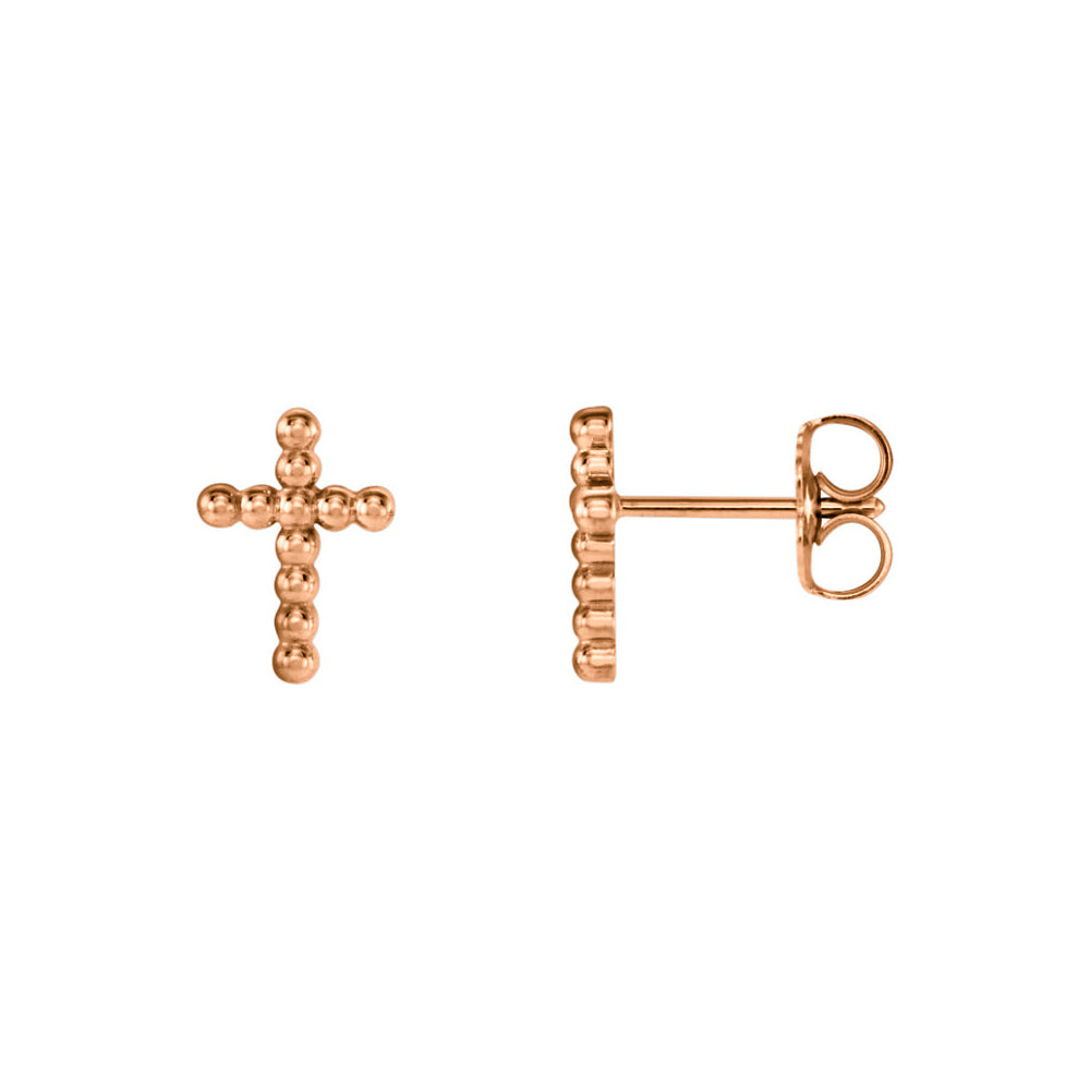 9mm Beaded Cross Post Earrings in 14k Rose Gold, Item E12007 by The Black Bow Jewelry Co.