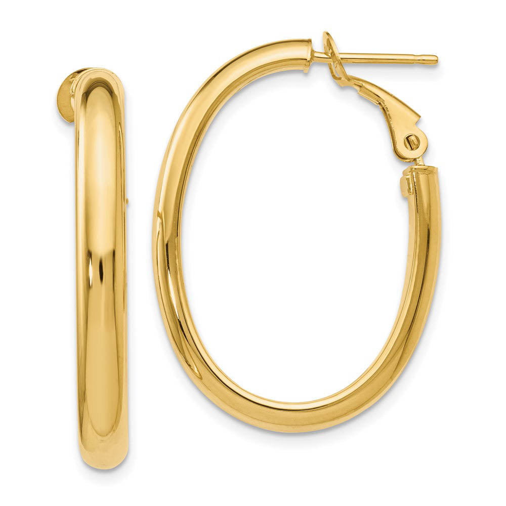 4mm Omega Back Oval Hoop Earrings in 14k Yellow Gold, 30mm, Item E12047 by The Black Bow Jewelry Co.