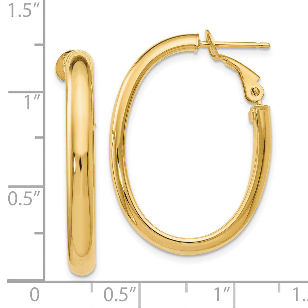 Alternate view of the 4mm Omega Back Oval Hoop Earrings in 14k Yellow Gold, 30mm by The Black Bow Jewelry Co.