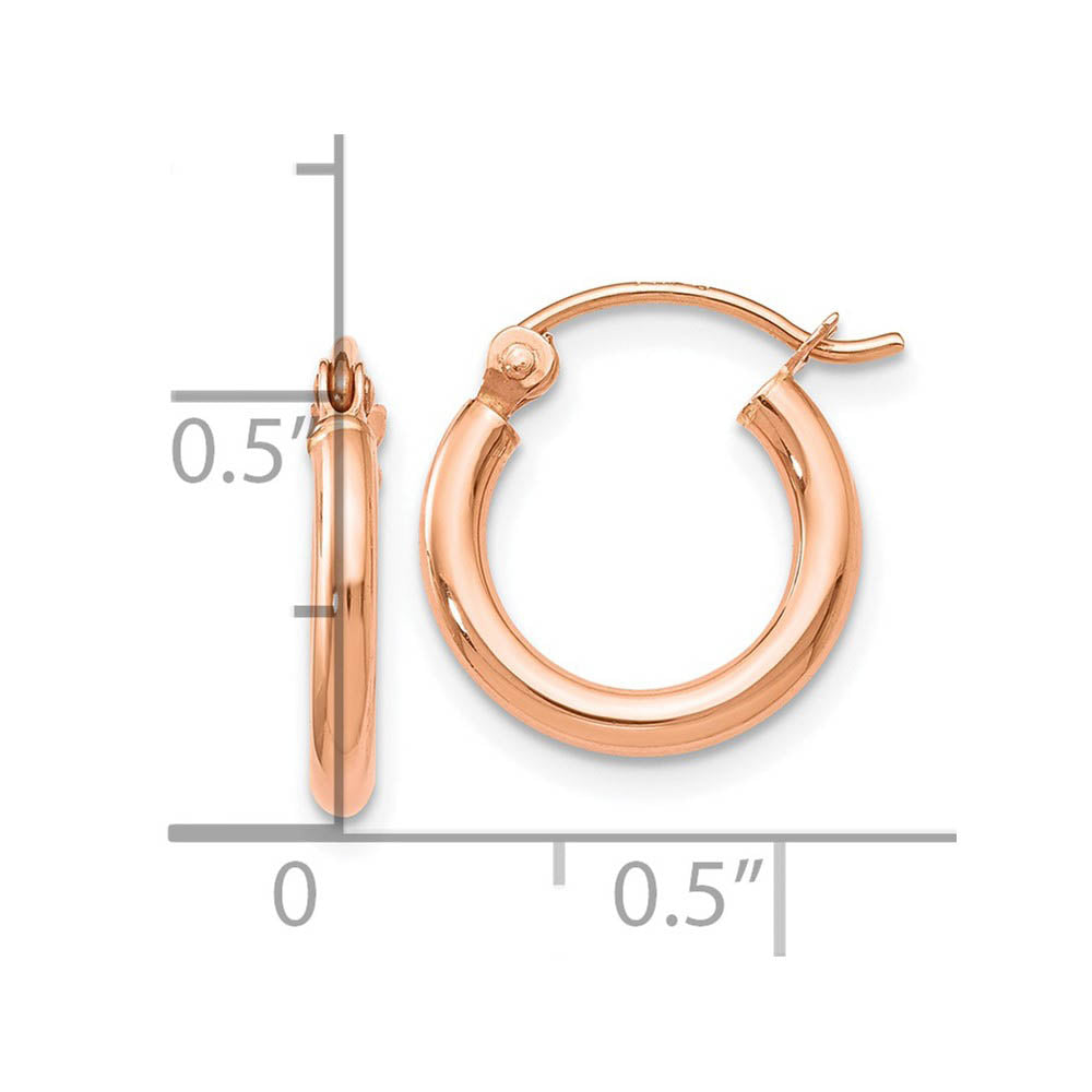 Alternate view of the 2mm Round Hoop Earrings in 14k Rose Gold, 12mm (7/16 Inch) by The Black Bow Jewelry Co.