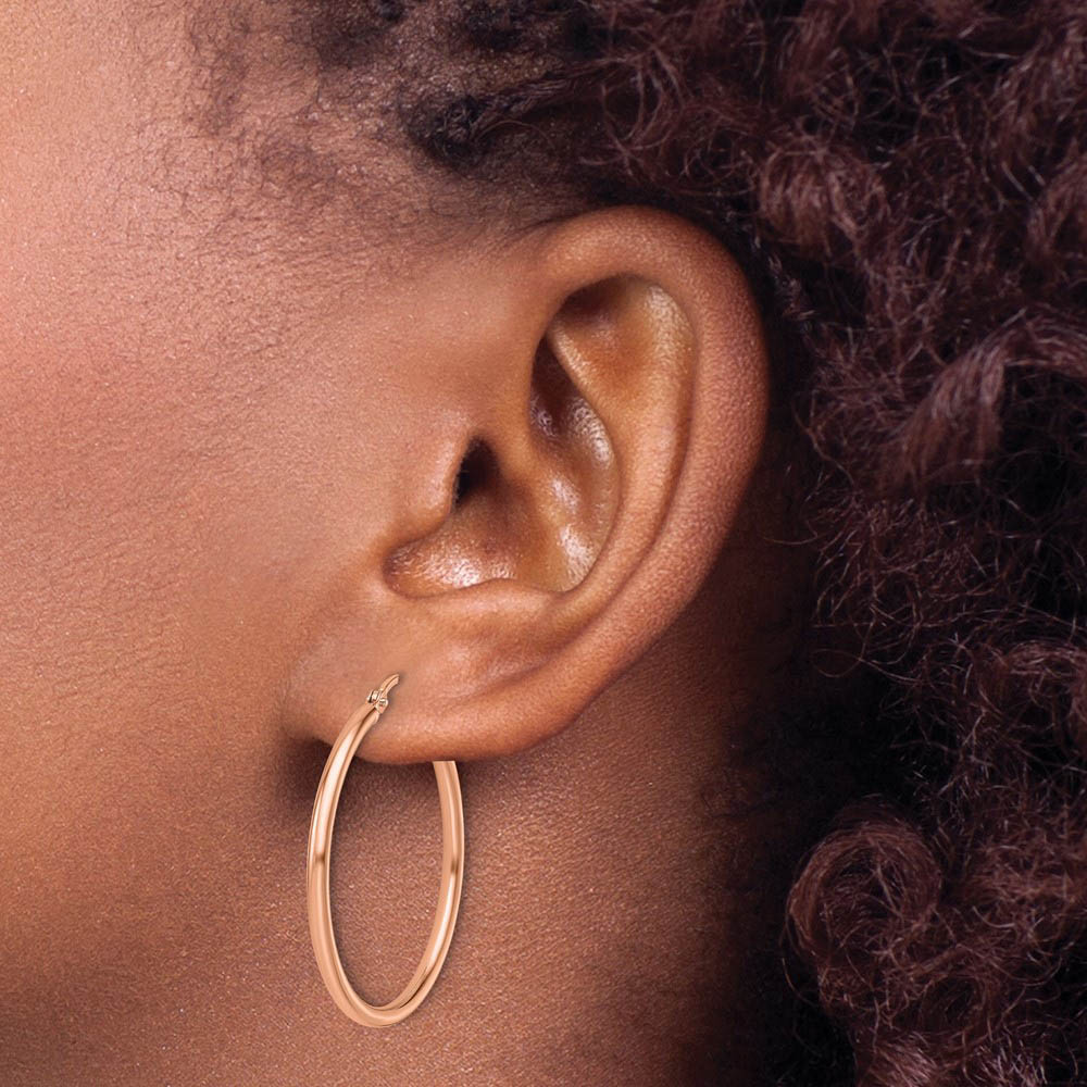 Alternate view of the 2mm Round Hoop Earrings in 14k Rose Gold, 30mm (1 3/16 Inch) by The Black Bow Jewelry Co.