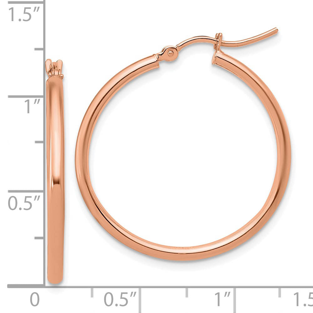Alternate view of the 2mm Round Hoop Earrings in 14k Rose Gold, 30mm (1 3/16 Inch) by The Black Bow Jewelry Co.