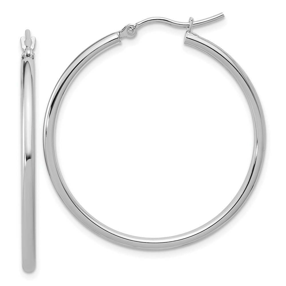 2mm Round Hoop Earrings in 14k White Gold, 35mm (1 3/8 Inch), Item E12092 by The Black Bow Jewelry Co.