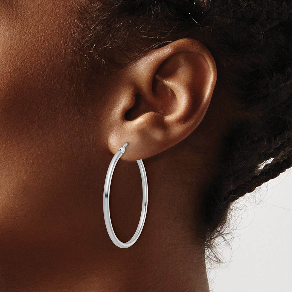 Alternate view of the 2mm Round Hoop Earrings in 14k White Gold, 35mm (1 3/8 Inch) by The Black Bow Jewelry Co.