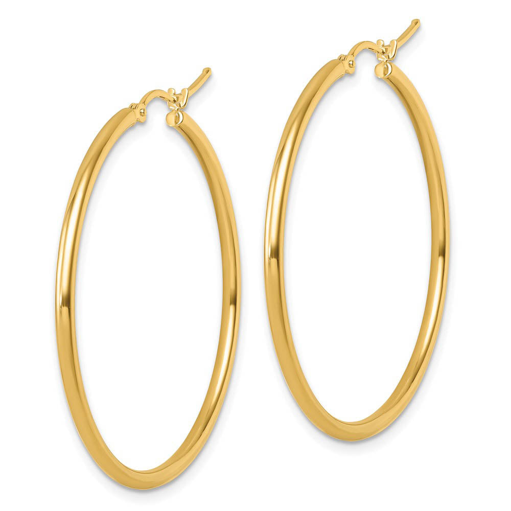 Alternate view of the 2mm Round Hoop Earrings in 14k Yellow Gold, 40mm (1 1/2 Inch) by The Black Bow Jewelry Co.
