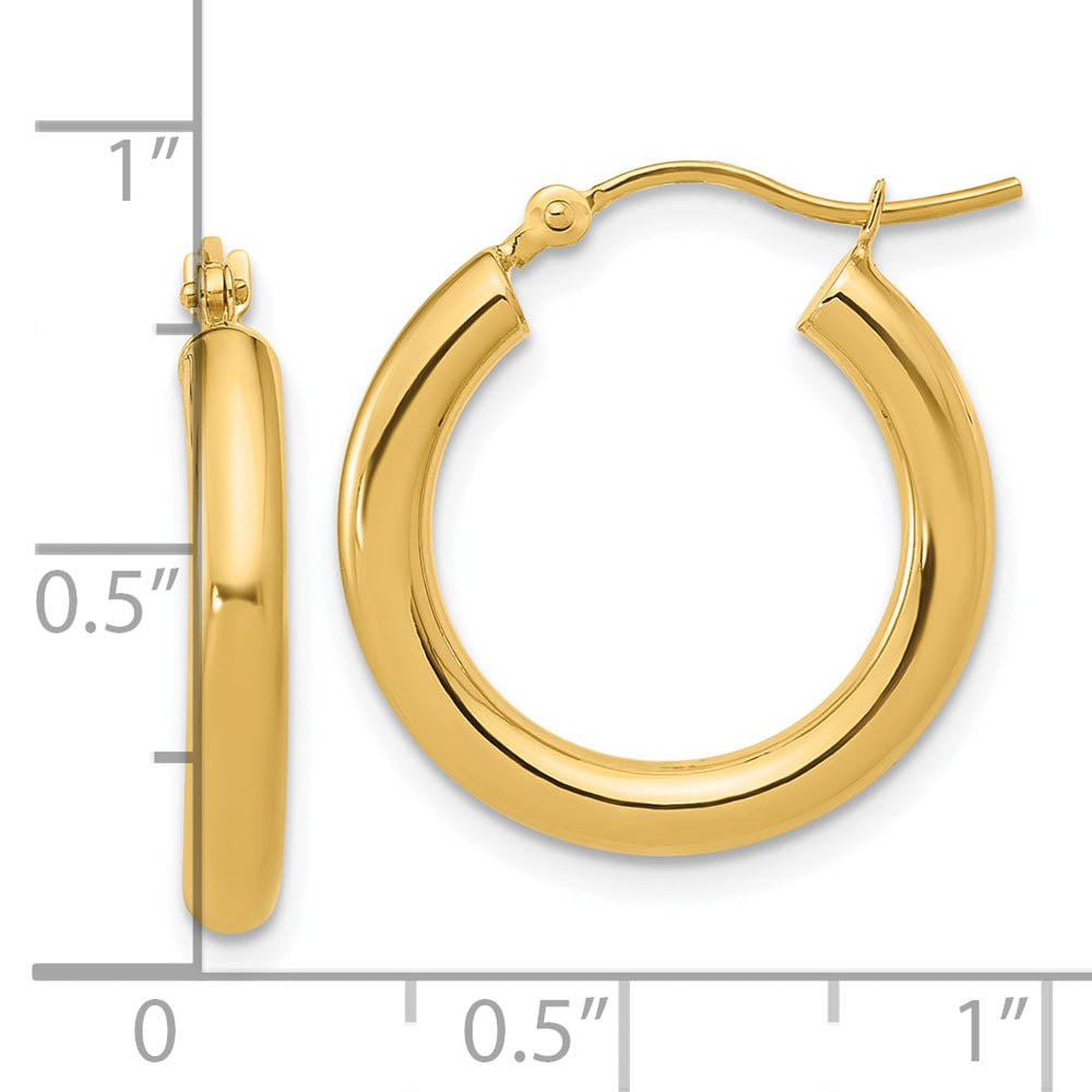 Alternate view of the 3mm Round Hoop Earrings in 14k Yellow Gold, 20mm (3/4 Inch) by The Black Bow Jewelry Co.
