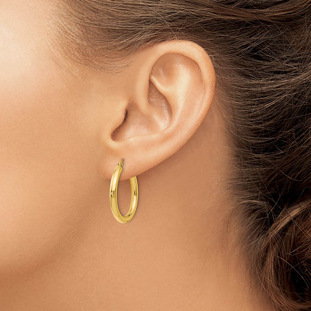 Alternate view of the 3mm Round Hoop Earrings in 14k Yellow Gold, 26mm (1 Inch) by The Black Bow Jewelry Co.