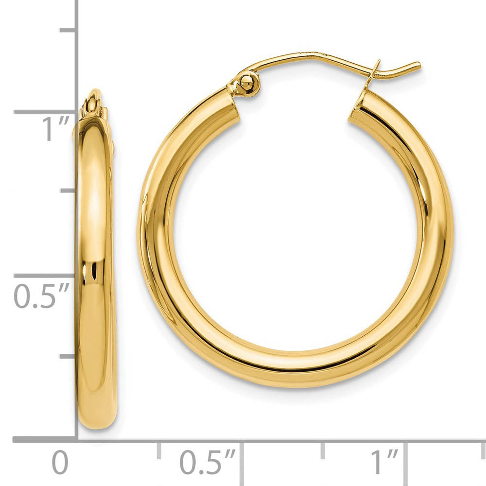 Alternate view of the 3mm Round Hoop Earrings in 14k Yellow Gold, 26mm (1 Inch) by The Black Bow Jewelry Co.