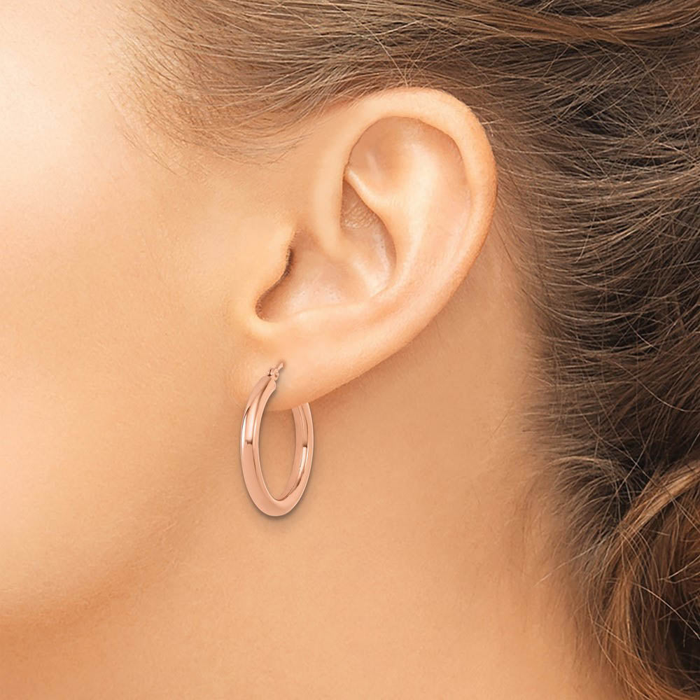 Alternate view of the 3mm Round Hoop Earrings in 14k Rose Gold, 26mm (1 Inch) by The Black Bow Jewelry Co.
