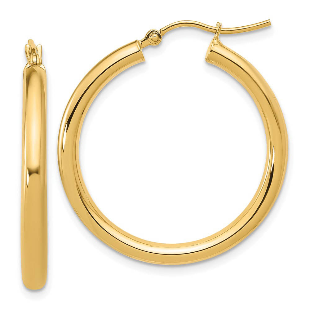 3mm Round Hoop Earrings in 14k Yellow Gold, 30mm (1 3/16 Inch), Item E12107 by The Black Bow Jewelry Co.