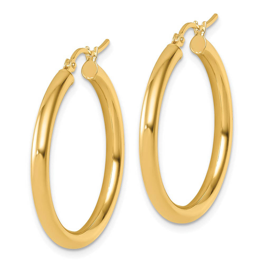Alternate view of the 3mm Round Hoop Earrings in 14k Yellow Gold, 30mm (1 3/16 Inch) by The Black Bow Jewelry Co.