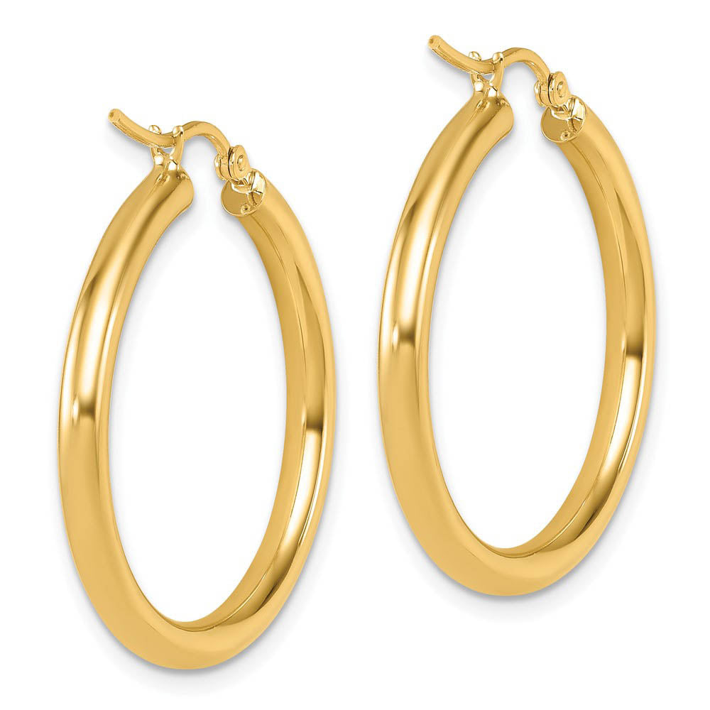 Alternate view of the 3mm Round Hoop Earrings in 14k Yellow Gold, 30mm (1 3/16 Inch) by The Black Bow Jewelry Co.