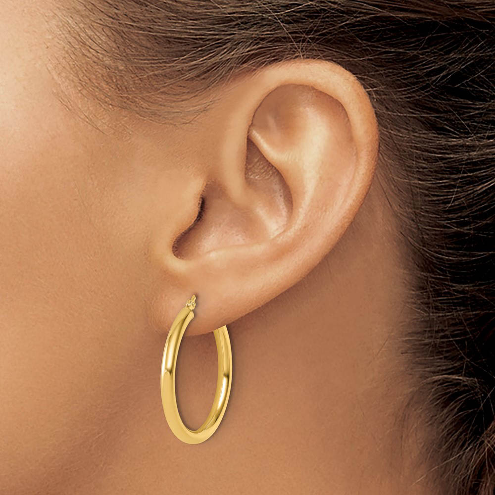 Alternate view of the 3mm Round Hoop Earrings in 14k Yellow Gold, 30mm (1 3/16 Inch) by The Black Bow Jewelry Co.