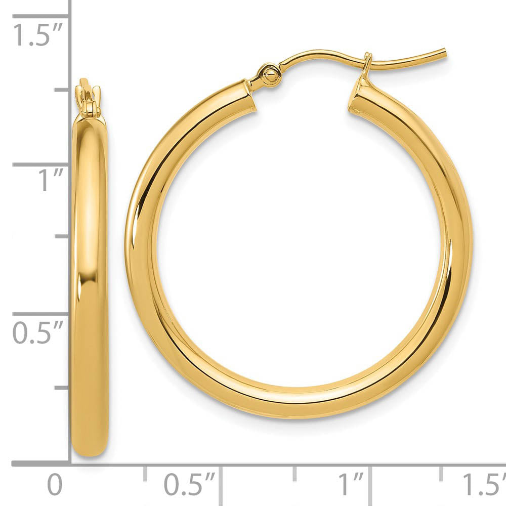 Alternate view of the 3mm Round Hoop Earrings in 14k Yellow Gold, 30mm (1 3/16 Inch) by The Black Bow Jewelry Co.