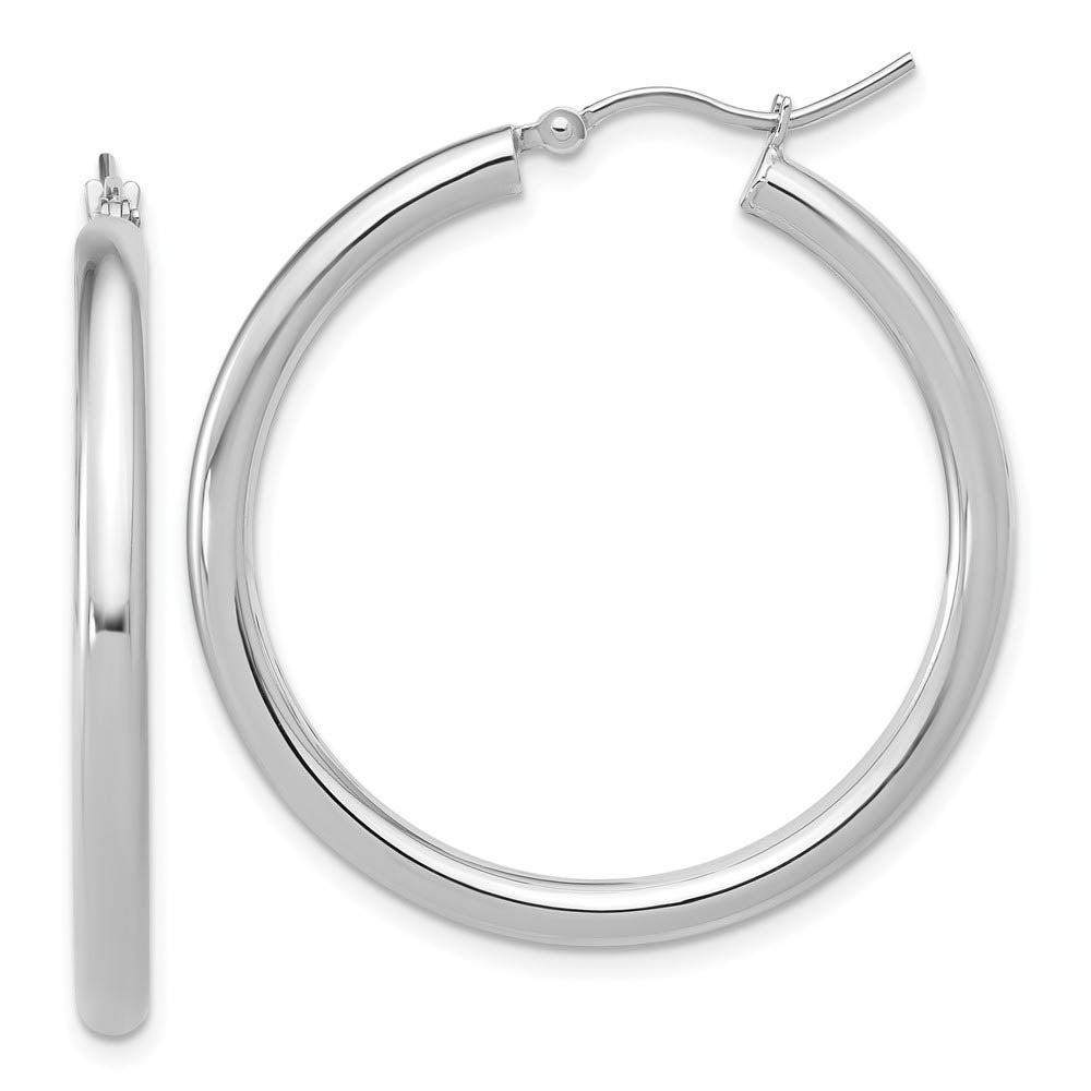 3mm Round Hoop Earrings in 14k White Gold, 35mm (1 3/8 Inch), Item E12110 by The Black Bow Jewelry Co.