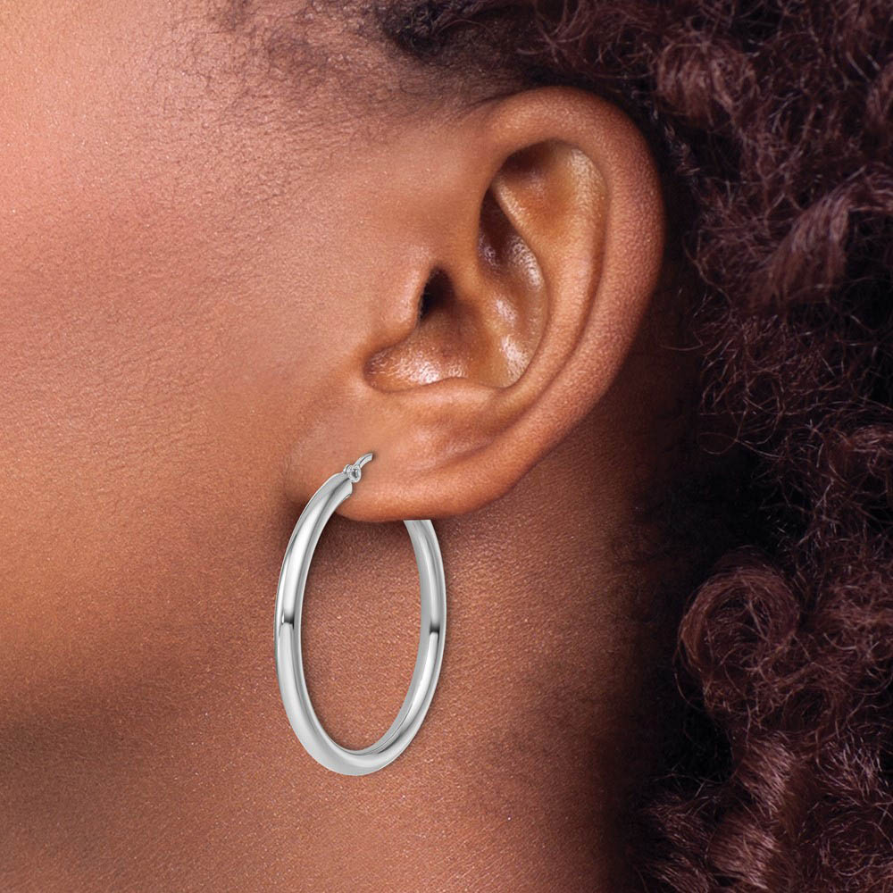 Alternate view of the 3mm Round Hoop Earrings in 14k White Gold, 35mm (1 3/8 Inch) by The Black Bow Jewelry Co.
