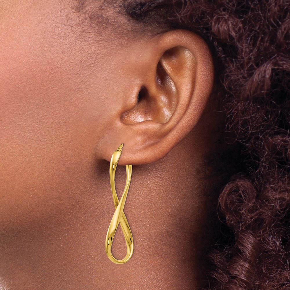 Alternate view of the 3mm Infinity Hoop Earrings in 14k Yellow Gold, 45mm (1 3/4 Inch) by The Black Bow Jewelry Co.
