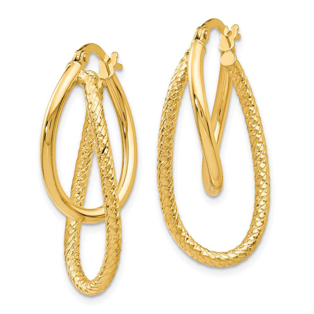 Alternate view of the Polished and Textured 14k Yellow Gold Bent Double Hoop Earrings, 32mm by The Black Bow Jewelry Co.